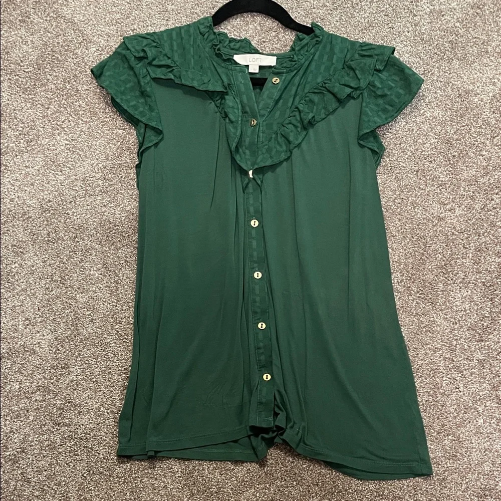 LOFT Emerald Ruffle Button-Up Blouse - Picture 1 of 7